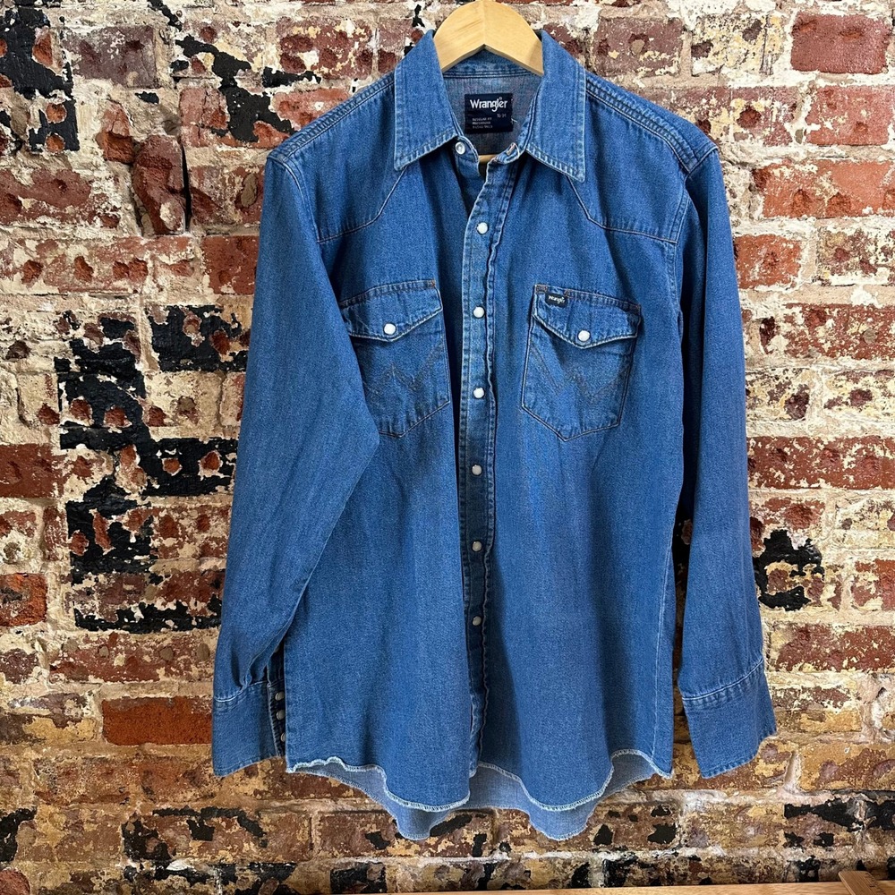 Wrangler Western Shirt Pearl Snap Long Sleeve Blue Jean Denim Mens 16-34